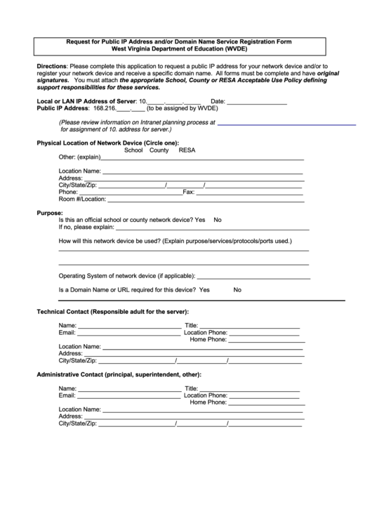 Request For Public Ip Address And/or Domain Name Service Registration Form - Wvde Printable pdf