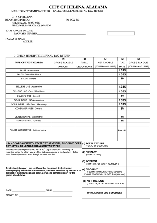 Sales,use, Lease/rental Tax Report - City Of Helena, Alabama Printable pdf