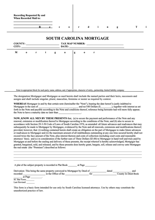 South Carolina Mortgage Form Printable pdf