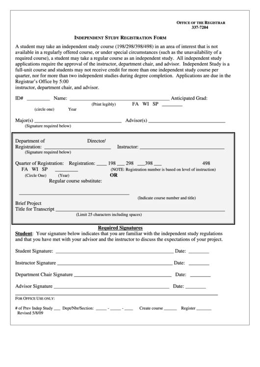 Form 337-7204 - Independent Study Registration Form Printable pdf