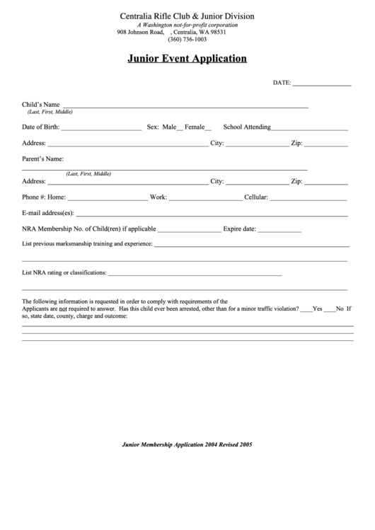 Junior Event Application Printable pdf