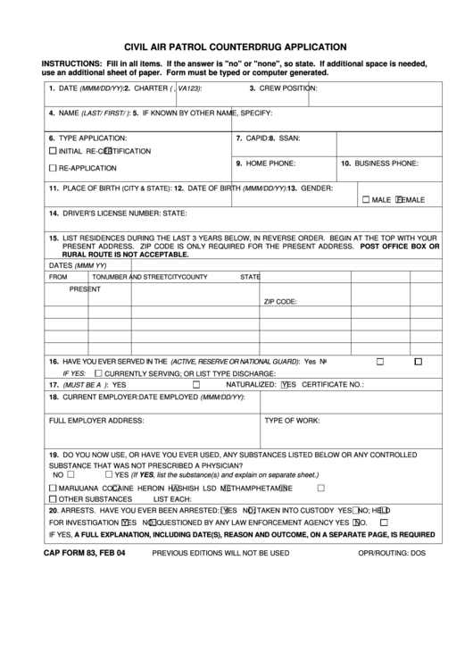 Cap Form 83 - Civil Air Patrol Counterdrug Application