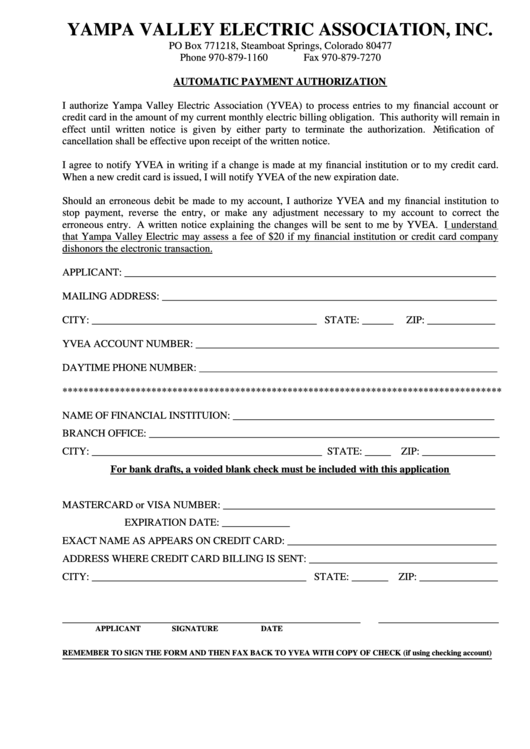 Fillable Automatic Payment Authorization Form - Yampa Valley Electric Association Printable pdf