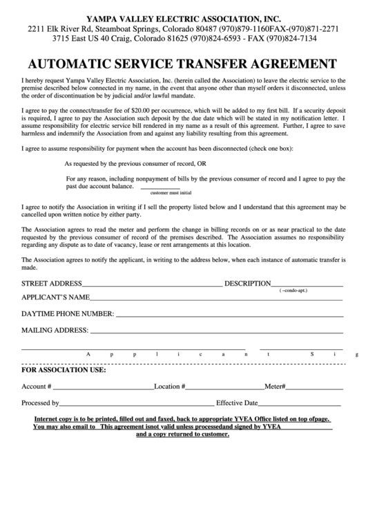 Fillable Automatic Service Transfer Agreement Form Printable pdf