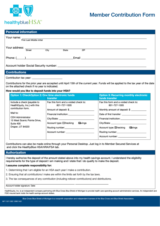 Form Wp 11371 - Member Contribution Form Printable pdf