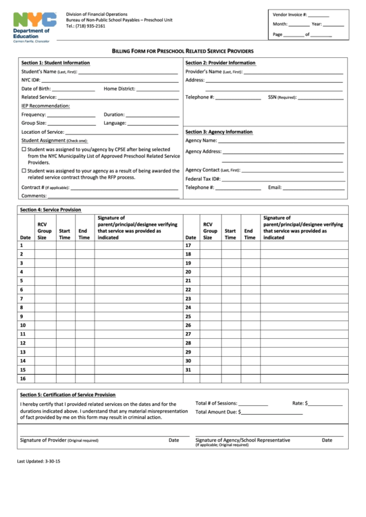 Billing Form For Preschool Related Service Providers Printable pdf