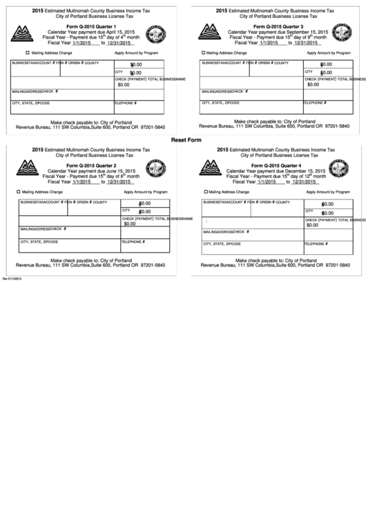 Fillable Form Q-2015 - Calendar Year Payment - City Of Portland Business License Tax 2015 Printable pdf