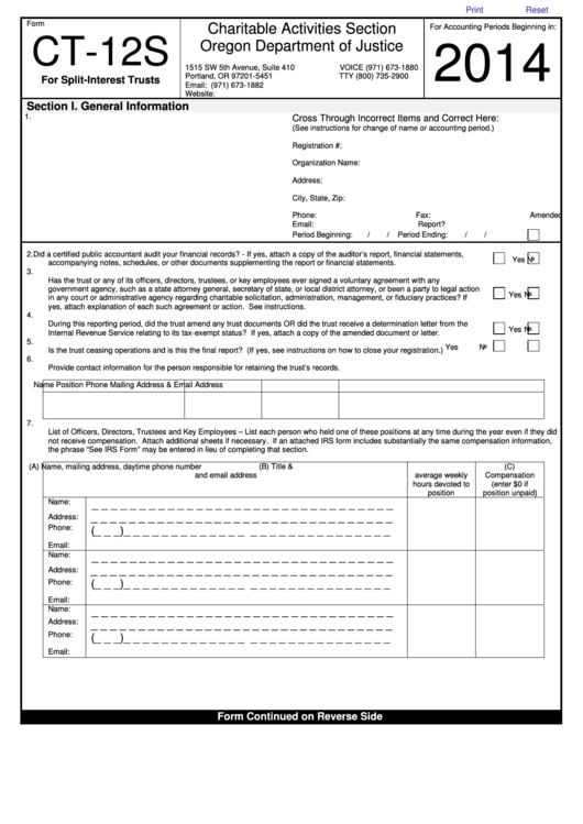 Fillable Form Ct-12s - Tax Return For Split-Interest Trusts - 2014 Printable pdf