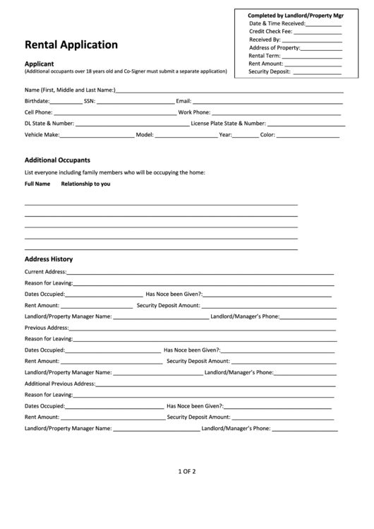Fillable Rental Application Form Printable pdf