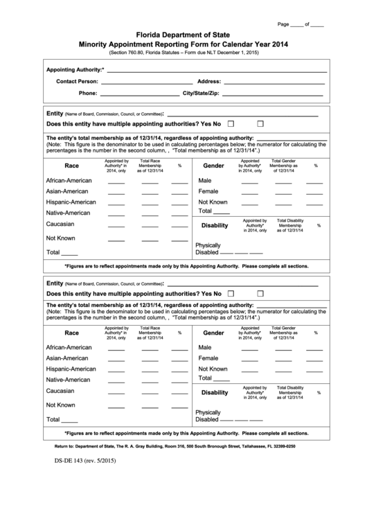 Fillable Form Ds-De 143 - Minority Appointment Reporting Form - 2014 Printable pdf