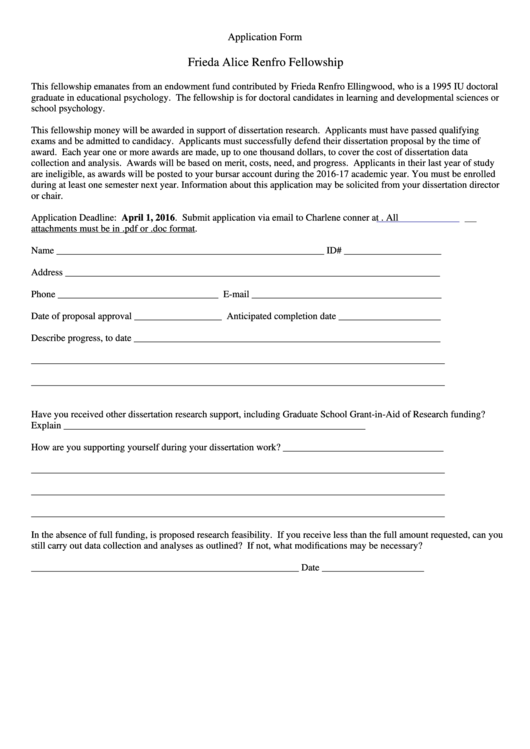 Application Form - Frieda Alice Renfro Fellowship Printable pdf