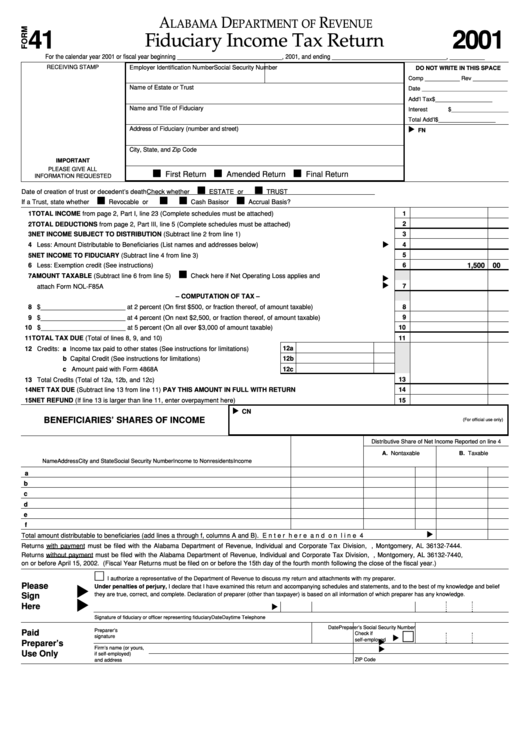Form 41 - Fiduciary Income Tax Return - 2001 Printable pdf