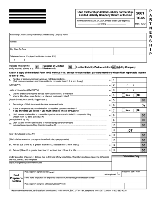 Form Tc-65 - Utah Partnership/limited Liability Partnership, Limited Liability Company Return Of Income - 2001 Printable pdf