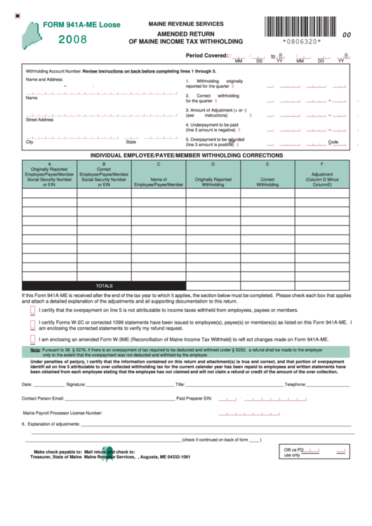 Form 941a-Me Loose - Amended Return Of Maine Income Tax Withholding - 2008 Printable pdf