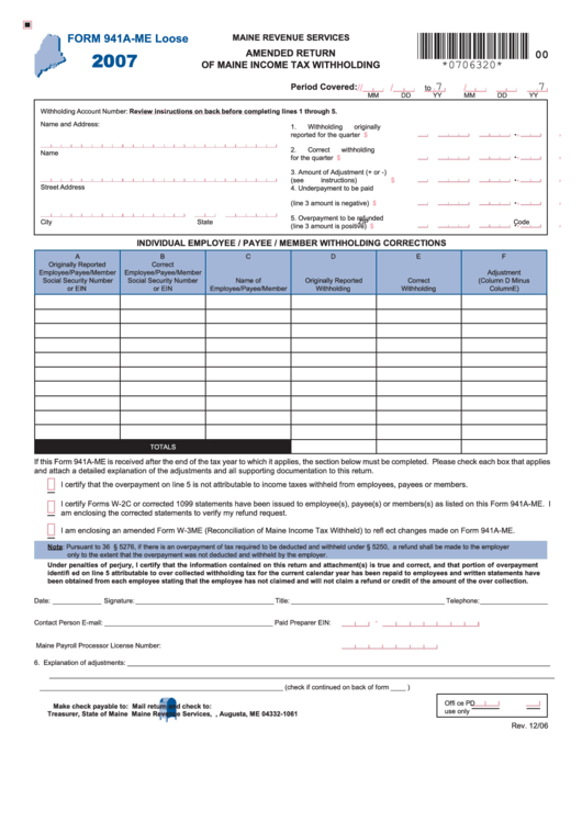 Form 941a-Me Loose - Amended Return Of Maine Income Tax Withholding - 2007 Printable pdf