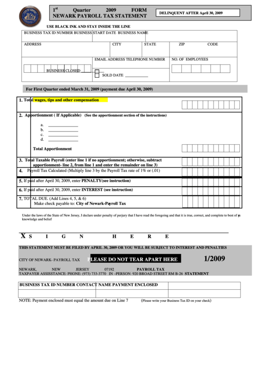 Quarterly Payroll Tax Statement Form - City Of Newark - 2009 Printable pdf