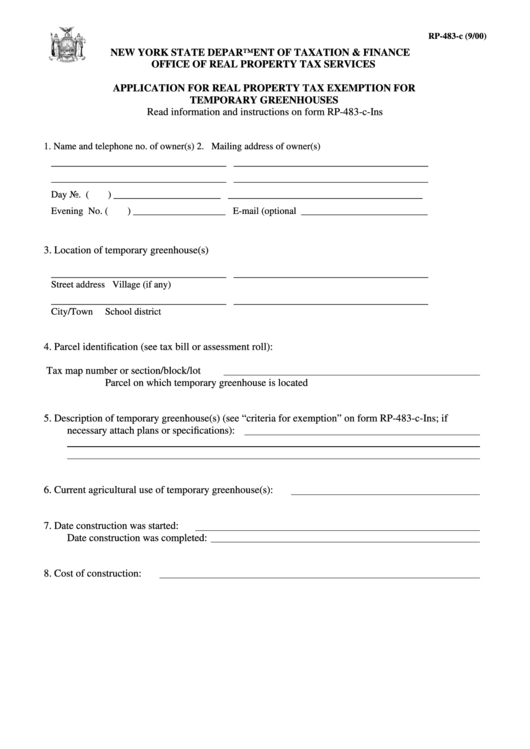 Form Rp483-C - Application For Real Property Tax Exemption For Temporary Greenhouses Printable pdf