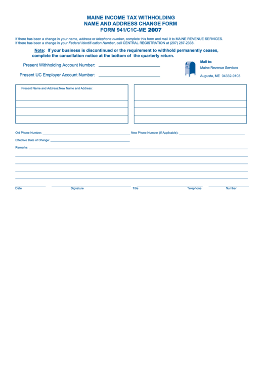 Form 941/c1c-Me - Name And Address Change - 2007 Printable pdf