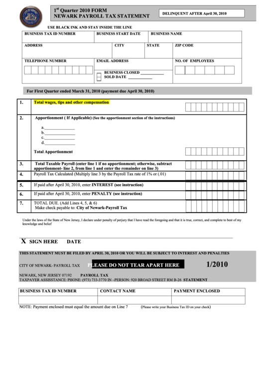 Fillable Quarterly Payroll Tax Statement Form - City Of Newark - 2010 Printable pdf