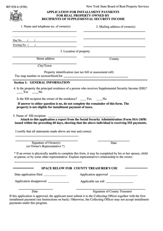 Form Rp-928-B - Application For Installment Payments For Real Property Owned By Recipients Of Supplemental Security Income Printable pdf