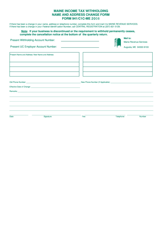 Form 941/c1c-Me - Name And Address Change Form - 2008 Printable pdf
