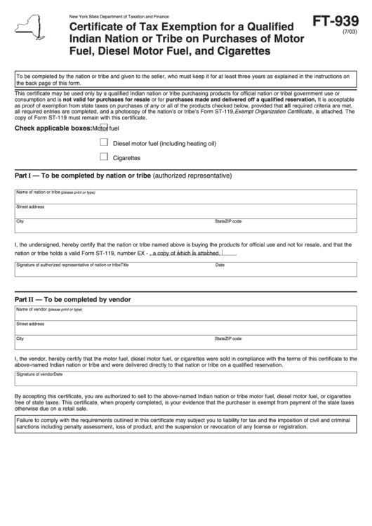 Form Ft-939 - Certificate Of Tax Exemption For A Qualified Indian Nation Or Tribe On Purchases Of Motor Fuel, Diesel Motor Fuel, And Cigarettes Printable pdf