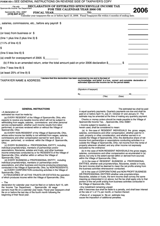 Form Sd-1 - Declaration Of Estimated Spencerville Income Tax - 2006 Printable pdf