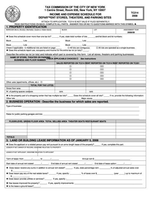 Form Tc214 - Income And Expense Schedule For Department Stores, Theaters, And Parking Sites - 2008 Printable pdf