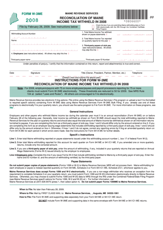 Form W-3me - Reconciliation Of Maine Income Tax Withheld In 2008 Printable pdf