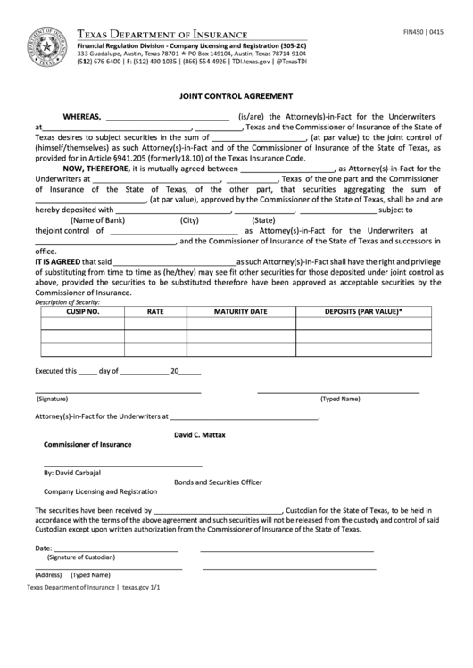 Fillable Form Fin450 - Joint Control Agreement Form - Texas Department Of Insurance Printable pdf