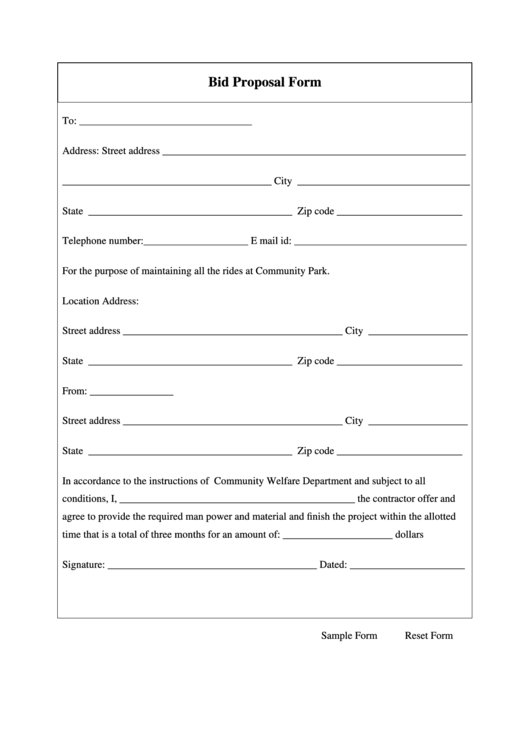 Fillable Bid Proposal Form Printable pdf