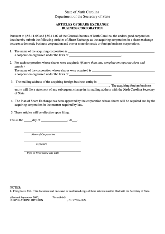 Form B-14 - Articles Of Share Exchange Business Corporation - North Carolina Department Of The Secretary Of State Printable pdf