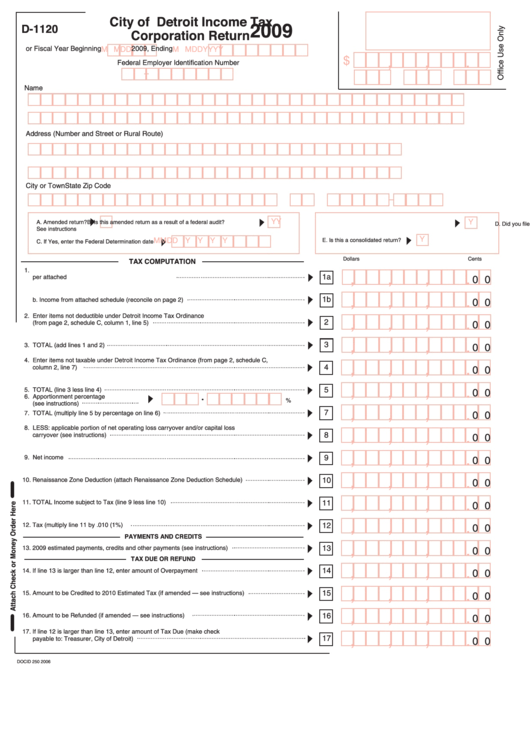 Fillable Form D-1120 - Income Tax Corporation Return - City Of Detroit - 2009 Printable pdf