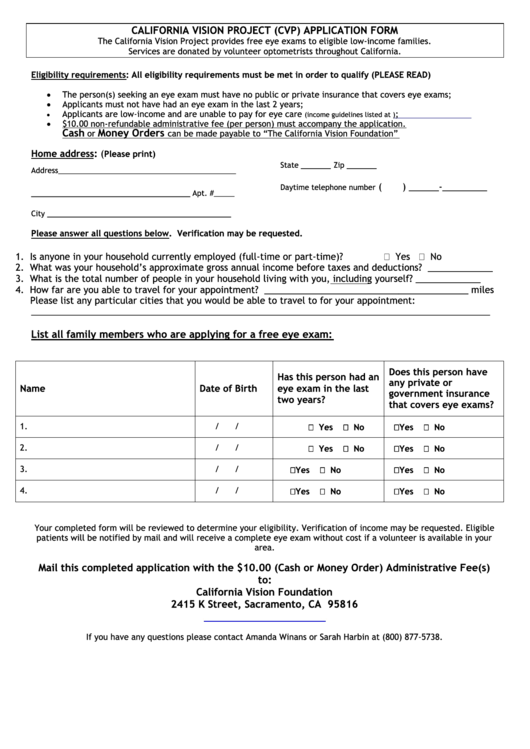 California Vision Project (Cvp) Application Form Printable pdf