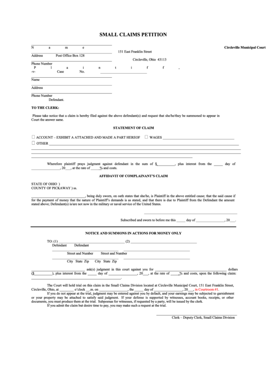 Small Claims Petition Form Printable pdf
