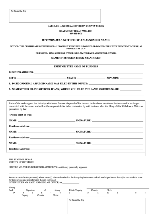 Withdrawal Notice Of An Assumed Name Form - Jefferson County Clerk - Texas Printable pdf