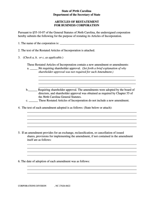 Form B-03 - Articles Of Restatement For Business Corporation - North Carolina Department Of The Secretary Of State Printable pdf