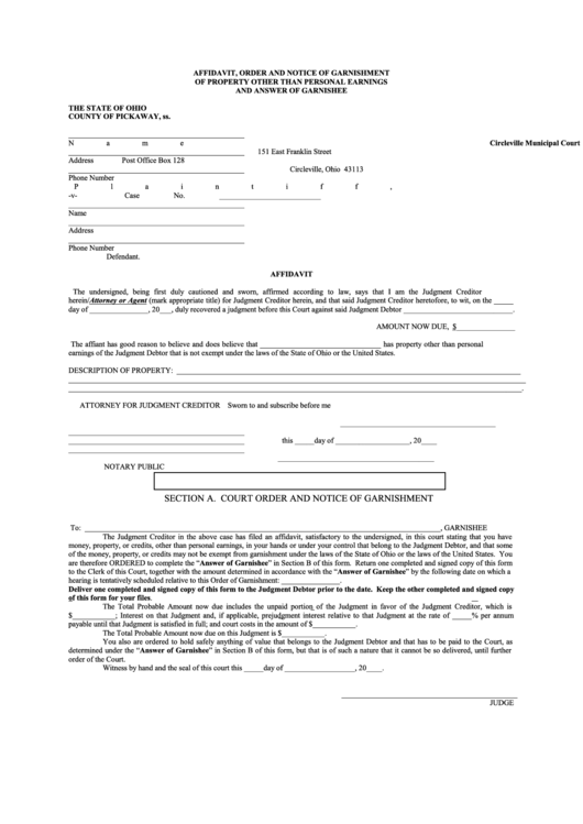 Form Of Affidavit, Order And Notice Of Garnishment Of Property Other Than Personal Earnings And Answer Of Garnishee Printable pdf
