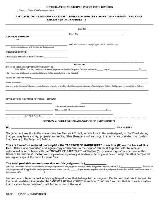 Order And Notice Of Garnishment Of Property Other Form (2013) Printable pdf