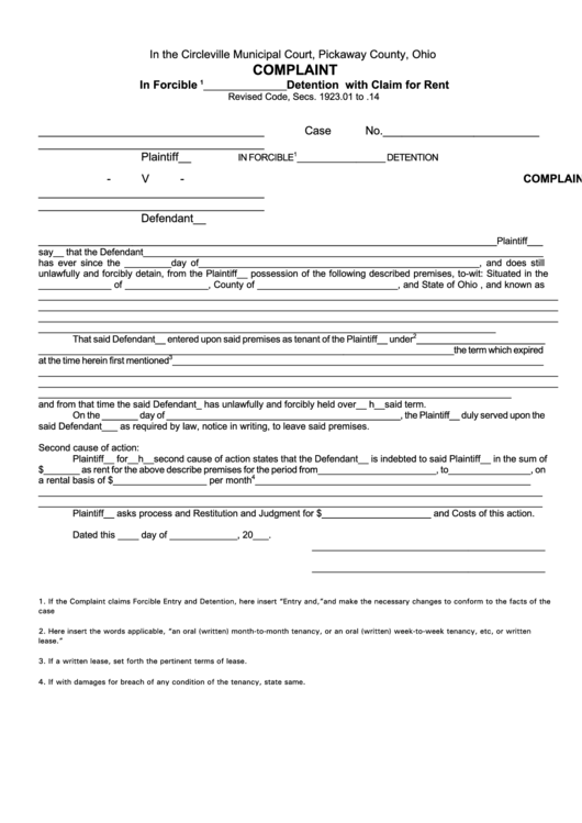 Complaint Form - In Forcible Detention - Claim For Rent Printable pdf