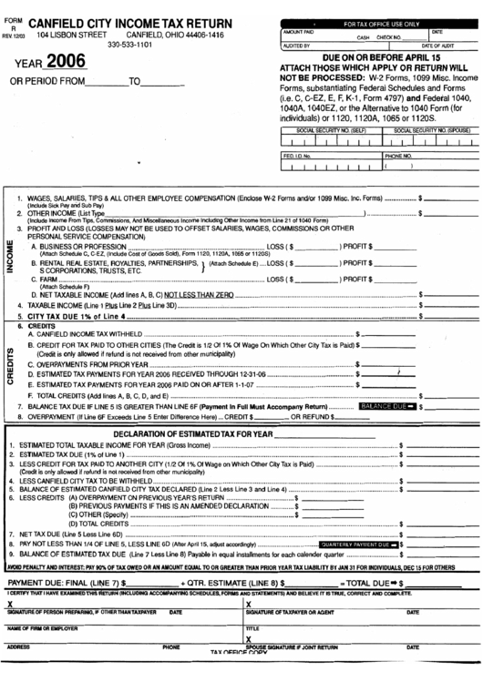 Form R - Canfield City Income Tax Return - 2006 Printable pdf