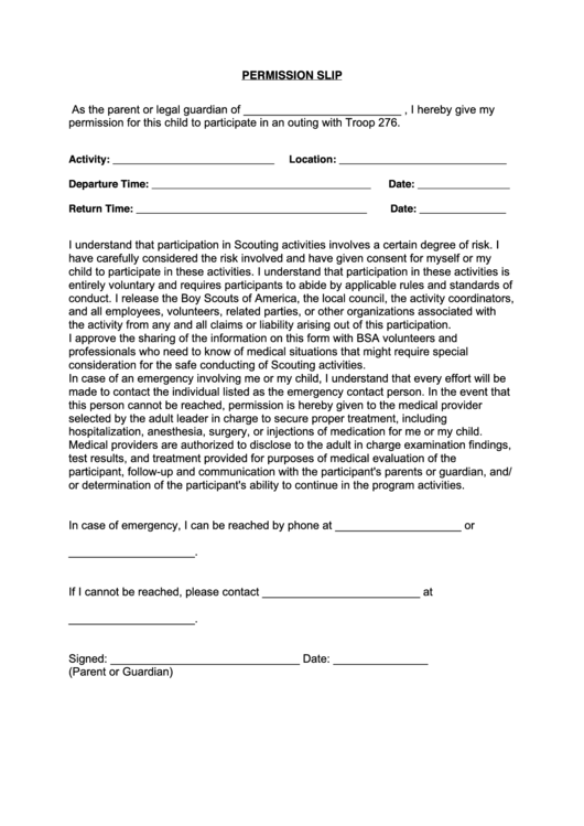 Permission Slip Form - Boy Scout Troop 276 Printable pdf