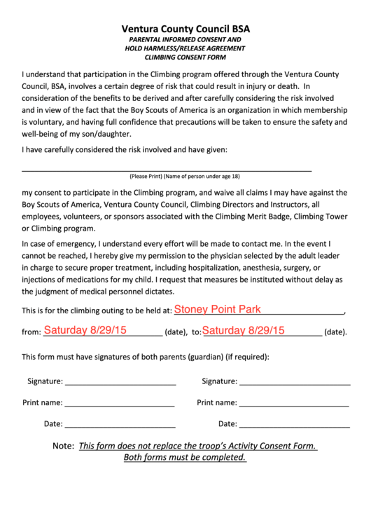 Bsa Climbing Consent Form - Parental Informed Consent And Hold Harmless/release Agreement Printable pdf