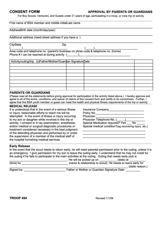 Consent Form - Approval By Parents Or Guardians Printable pdf