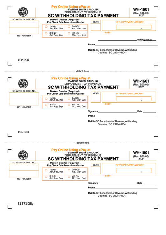 Form Wh-1601 - Sc Withholding Tax Payment Printable pdf