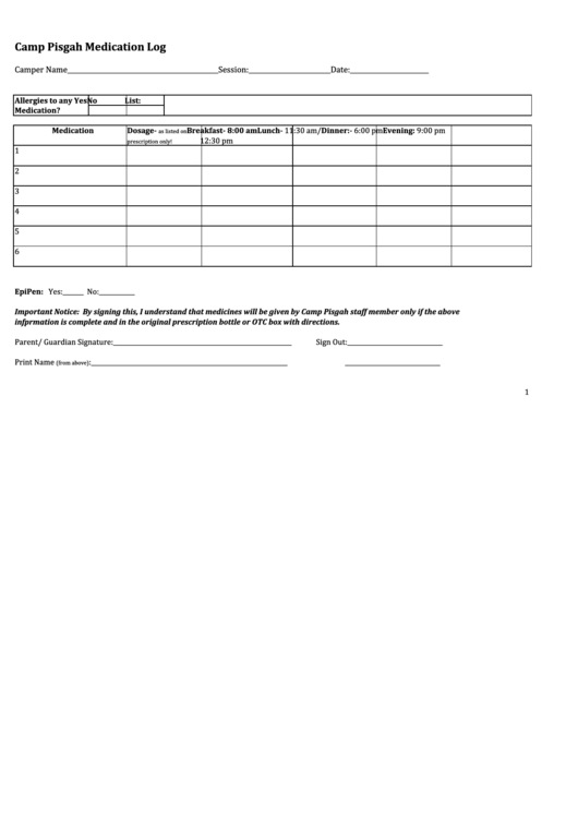 Camp Pisgah Medication Log Form Printable pdf