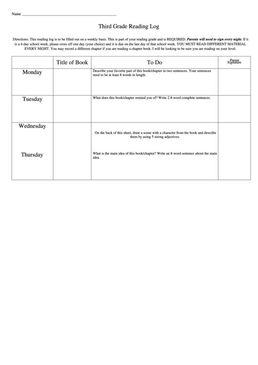 Third Grade Reading Log Form Printable pdf