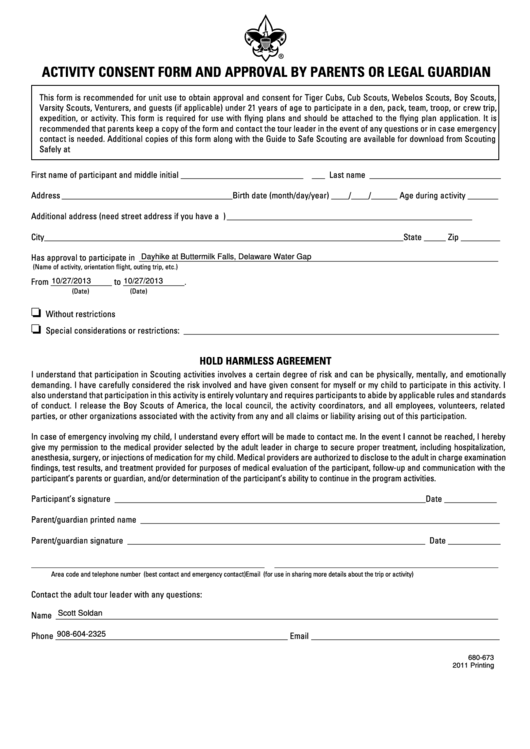 Fillable Form 680-673 - Activity Consent Form And Approval By Parents Or Legal Guardian Printable pdf