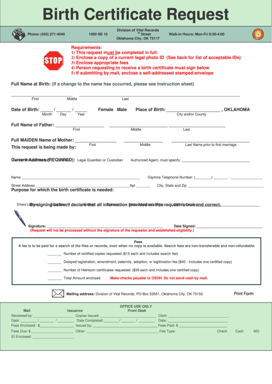 Fillable Birth Certificate Request Form Printable pdf