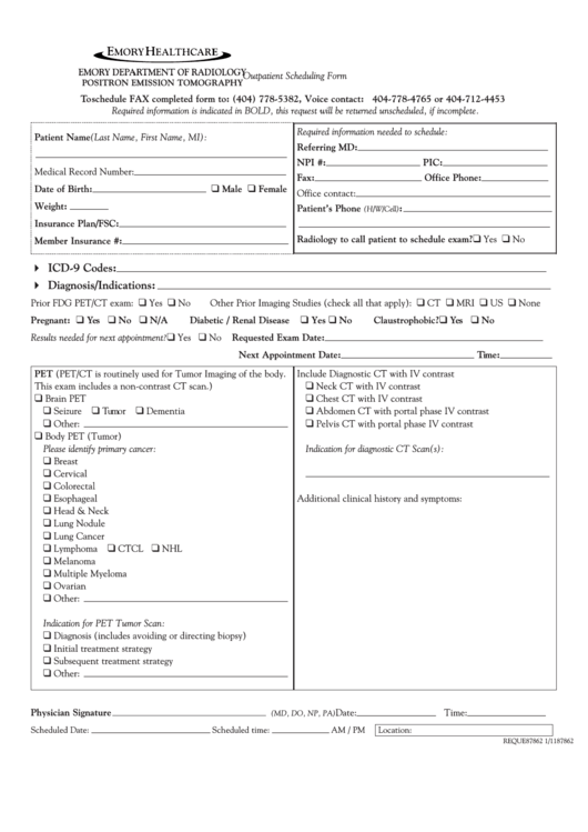 Positron Emission Tomography Form - State Of Gergia Printable pdf